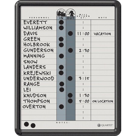 Quartet Magnetic In/Out Board, 18 Name Cap, 11"x14", White/Black 12PK QRT750